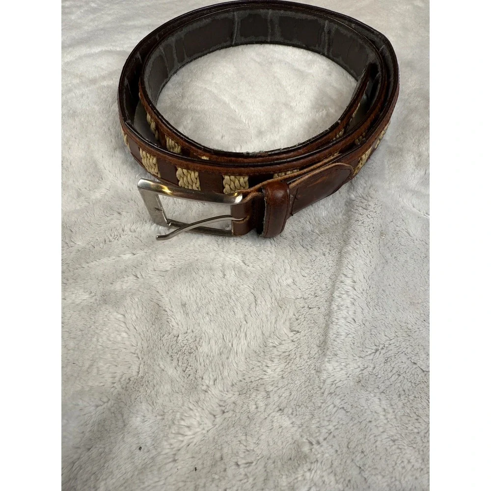 Mens Brown Top Grain Leather Belt Woven Inlay Silver Buckle Size 40 Distressed